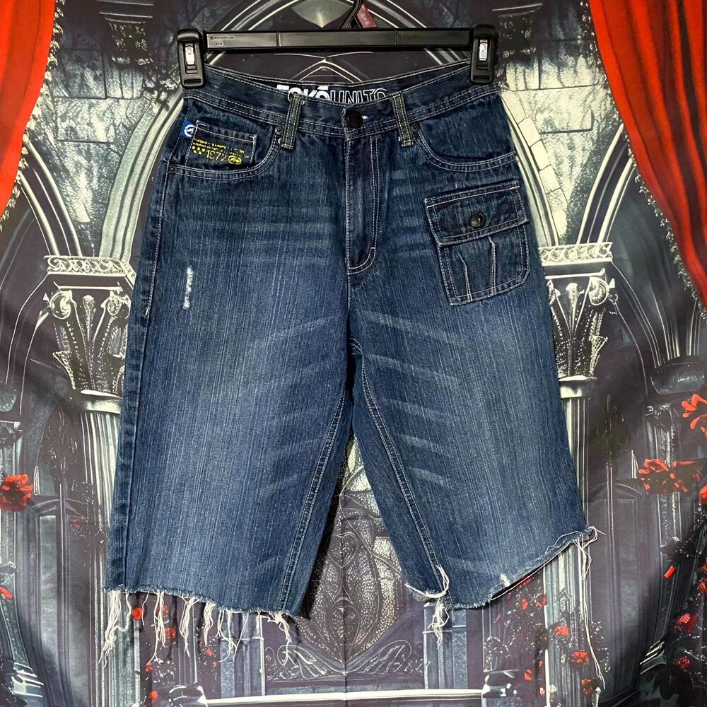 Ecko Unltd Bermuda Short Women's 16 Blue Denim Raw Hem Hip Hop Streetwear Casual